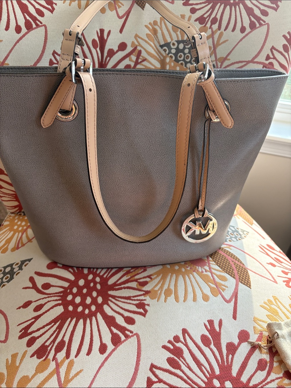Michael Kors Taupe Leather Tote with Beige Trim and Gold MK Charm